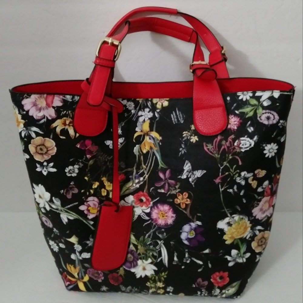 Black Floral Vegan Carry Tote Shoulder Bag 2 PC.